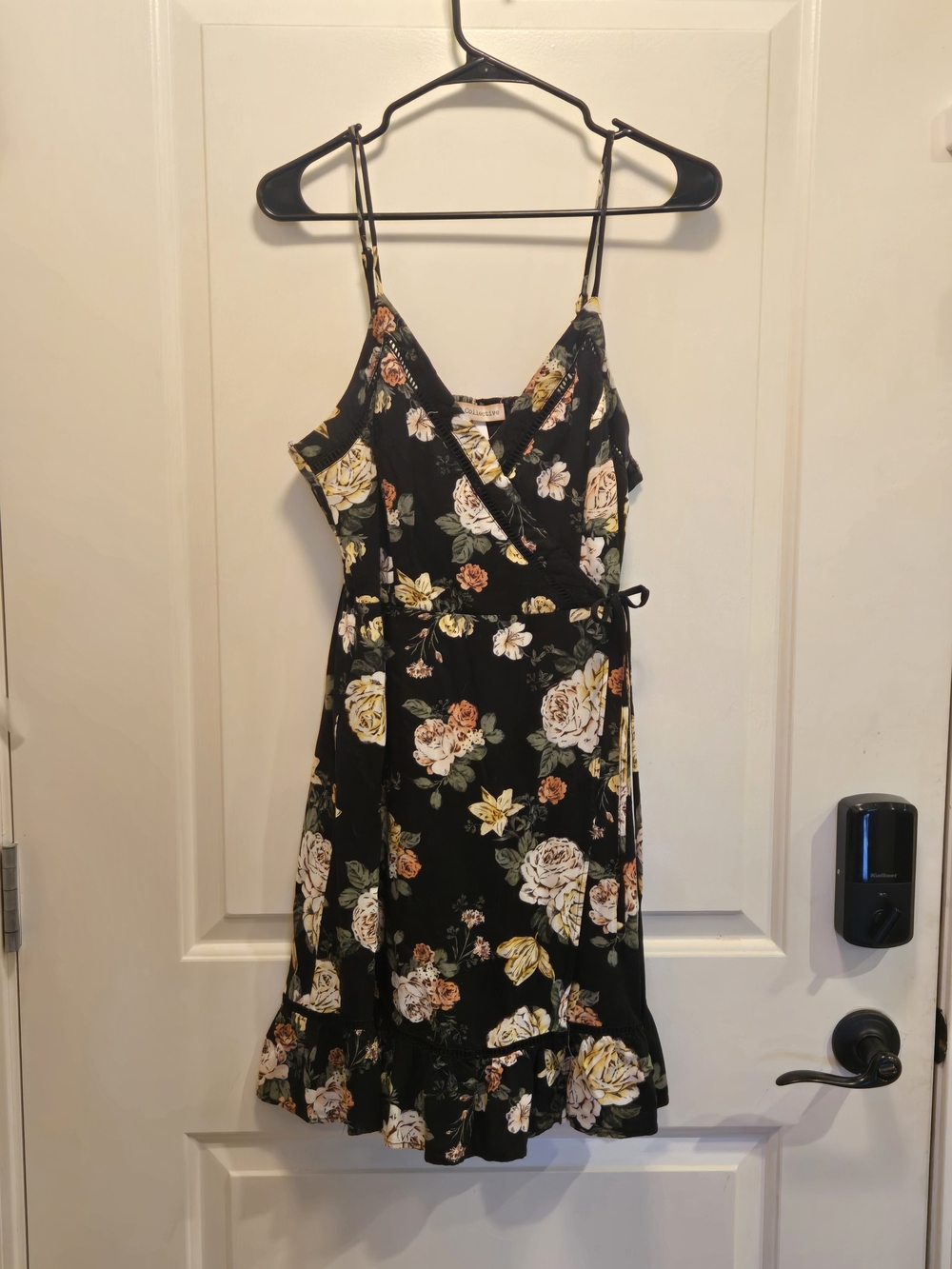 Black Floral Wrap Midi Dress with Yellow & White Roses